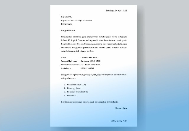 Contoh Surat Lamaran Kerja di PT HWI Jepara